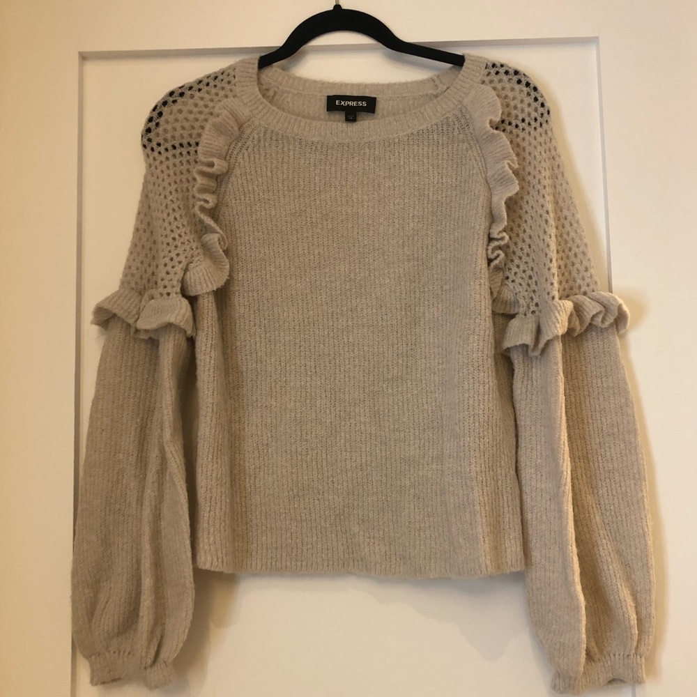 Express Balloon Sleeve Sweater with Ruffle Detail